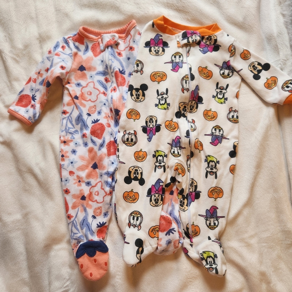 Disney and Carter's 2 baby pajamas 0-3 months.